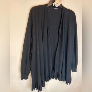 Hannah~Black Open Tight Knit Cardigan~Ribbed Long Sleeves~Ruffled Hemline~Size M